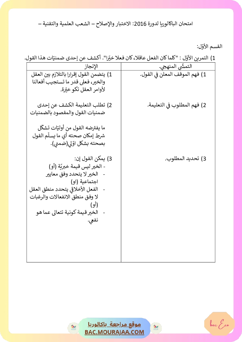 Corrigé principale philo Bac 2016 – Section eco